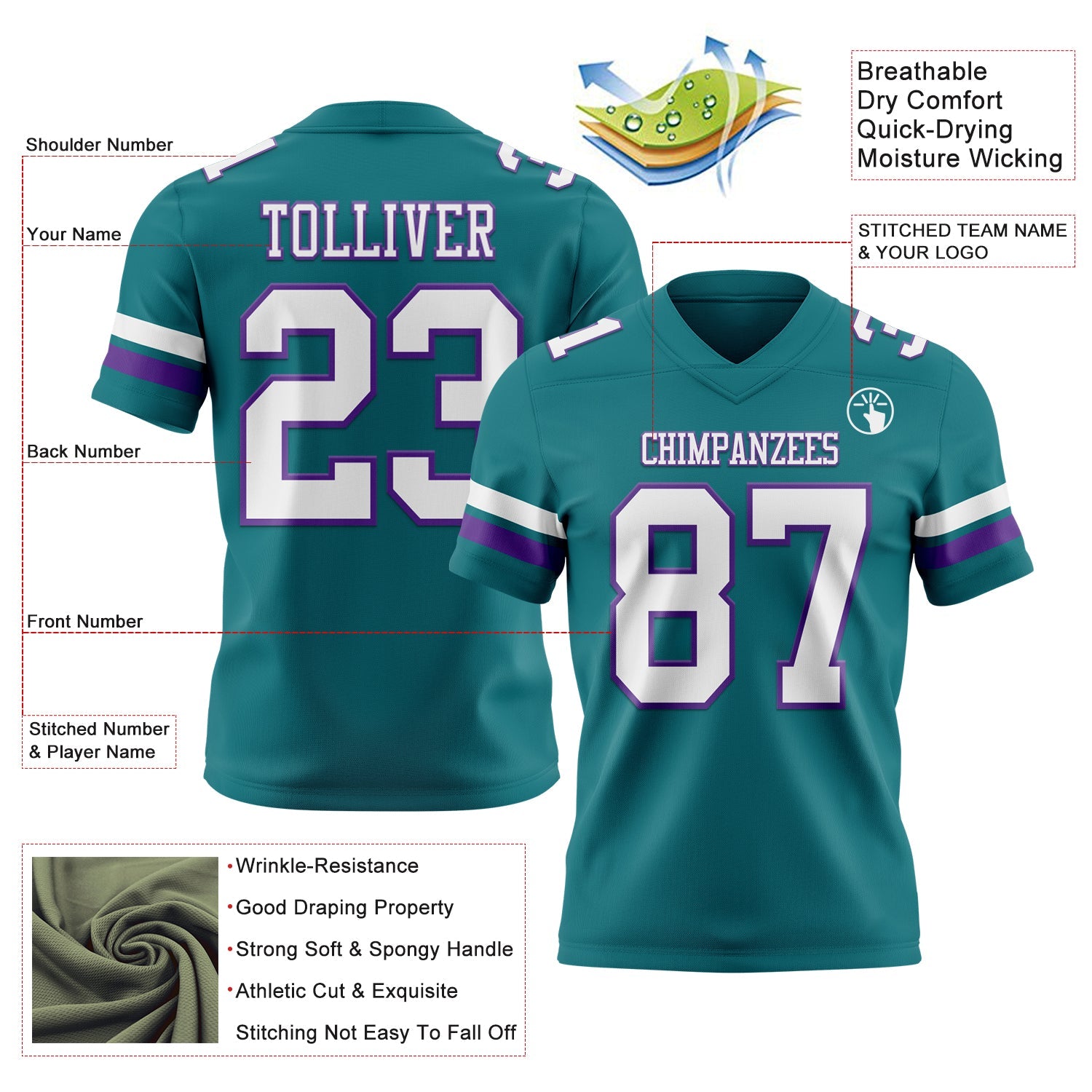 Custom Teal White-Purple Authentic Football Jersey view 3