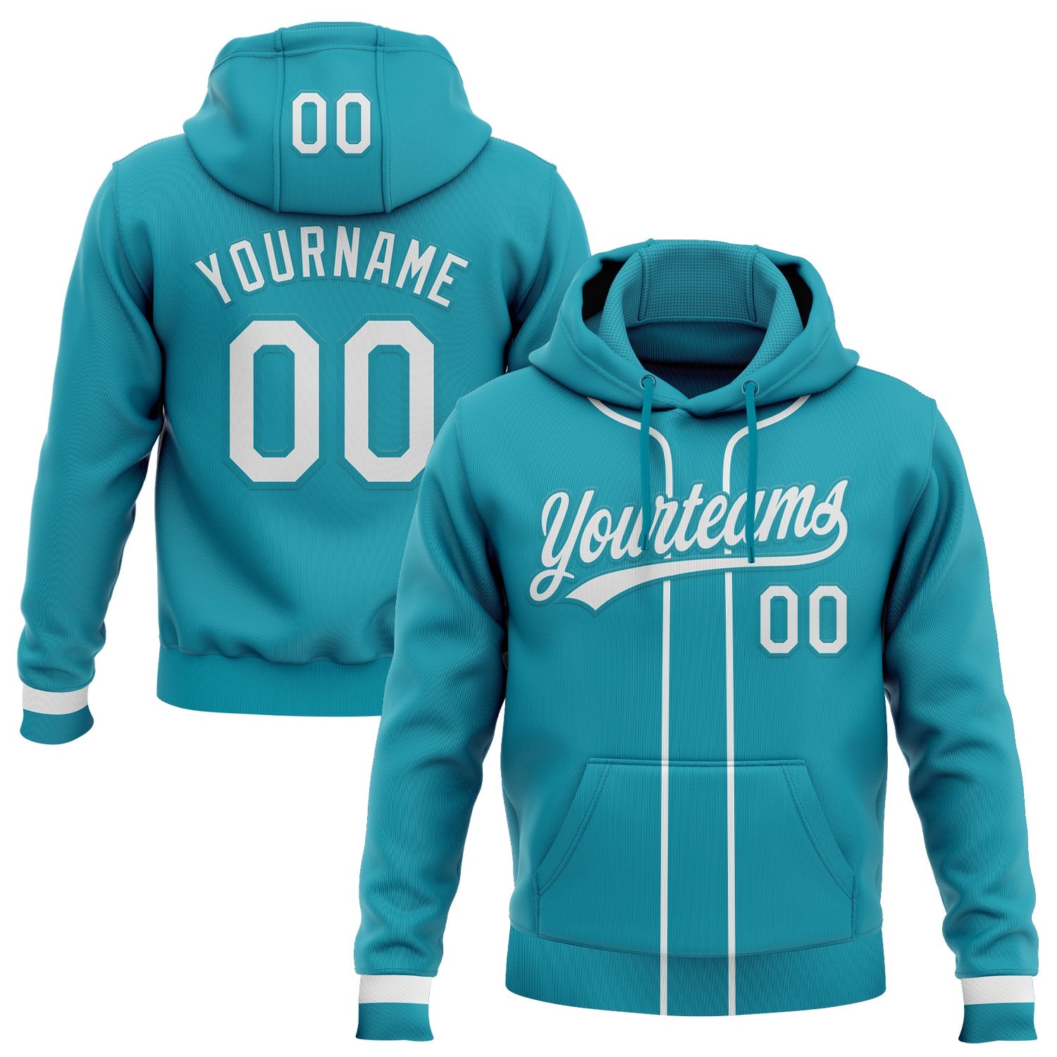 Custom Stitched Teal White-Teal Baseball Pullover Sweatshirt Hoodie - Main View