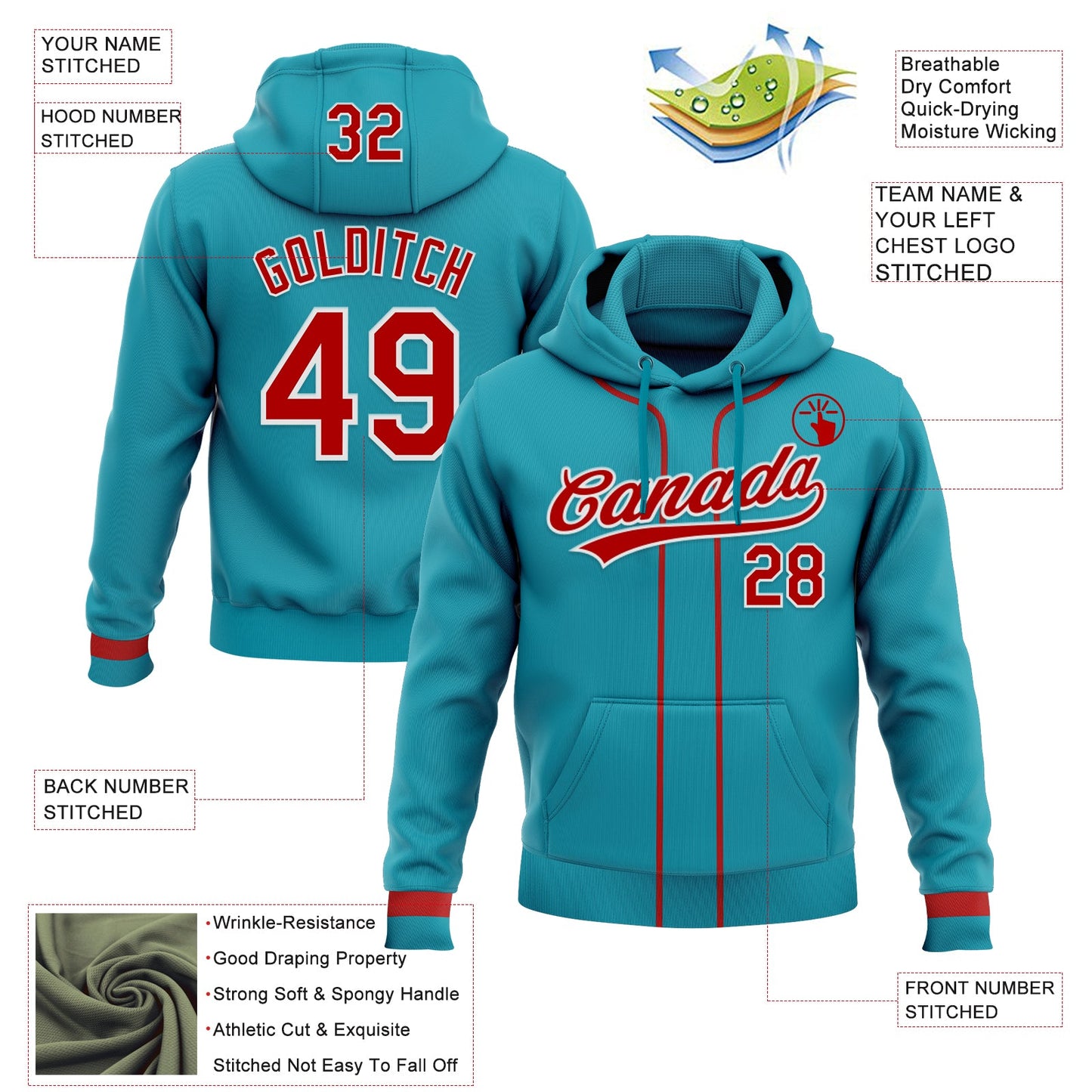 Custom Stitched Teal Red-White Baseball Pullover Sweatshirt Hoodie view 2