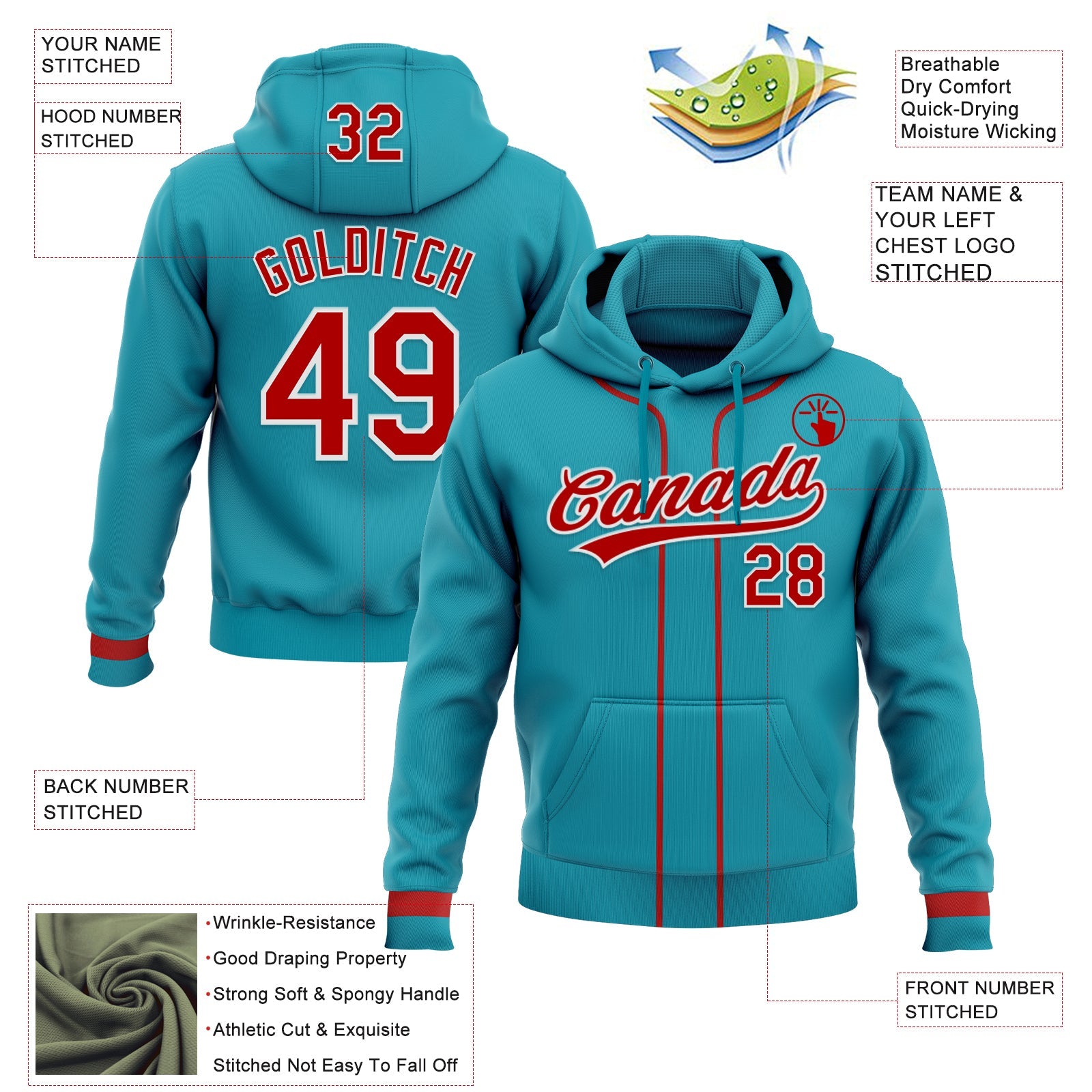 Custom Stitched Teal Red-White Baseball Pullover Sweatshirt Hoodie view 2