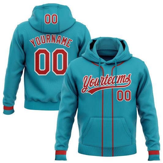 Custom Stitched Teal Red-White Baseball Pullover Sweatshirt Hoodie - Main View
