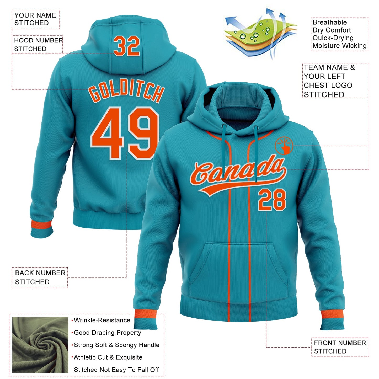 Custom Stitched Teal Orange-White Baseball Pullover Sweatshirt Hoodie view 2
