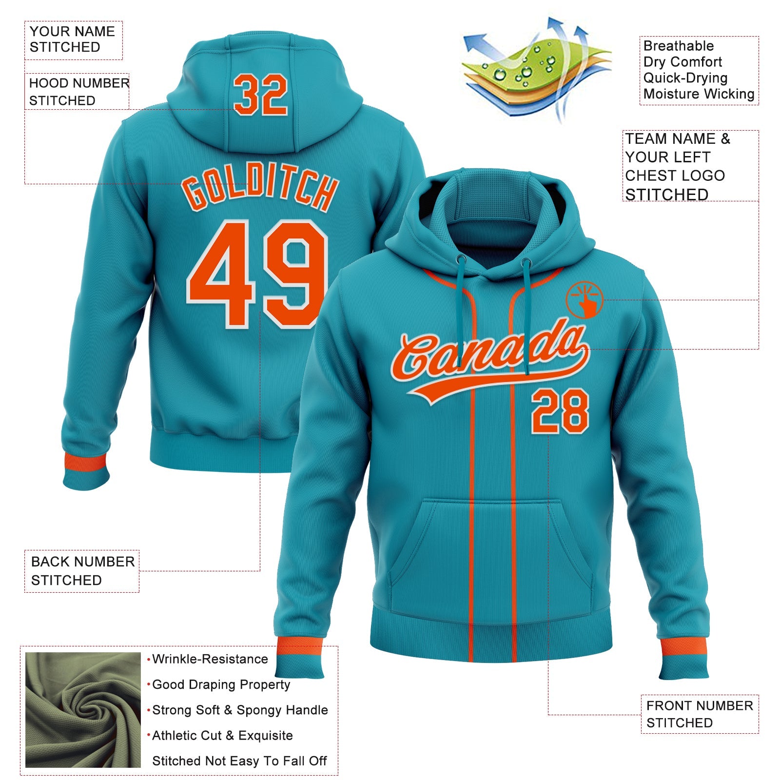 Custom Stitched Teal Orange-White Baseball Pullover Sweatshirt Hoodie view 2