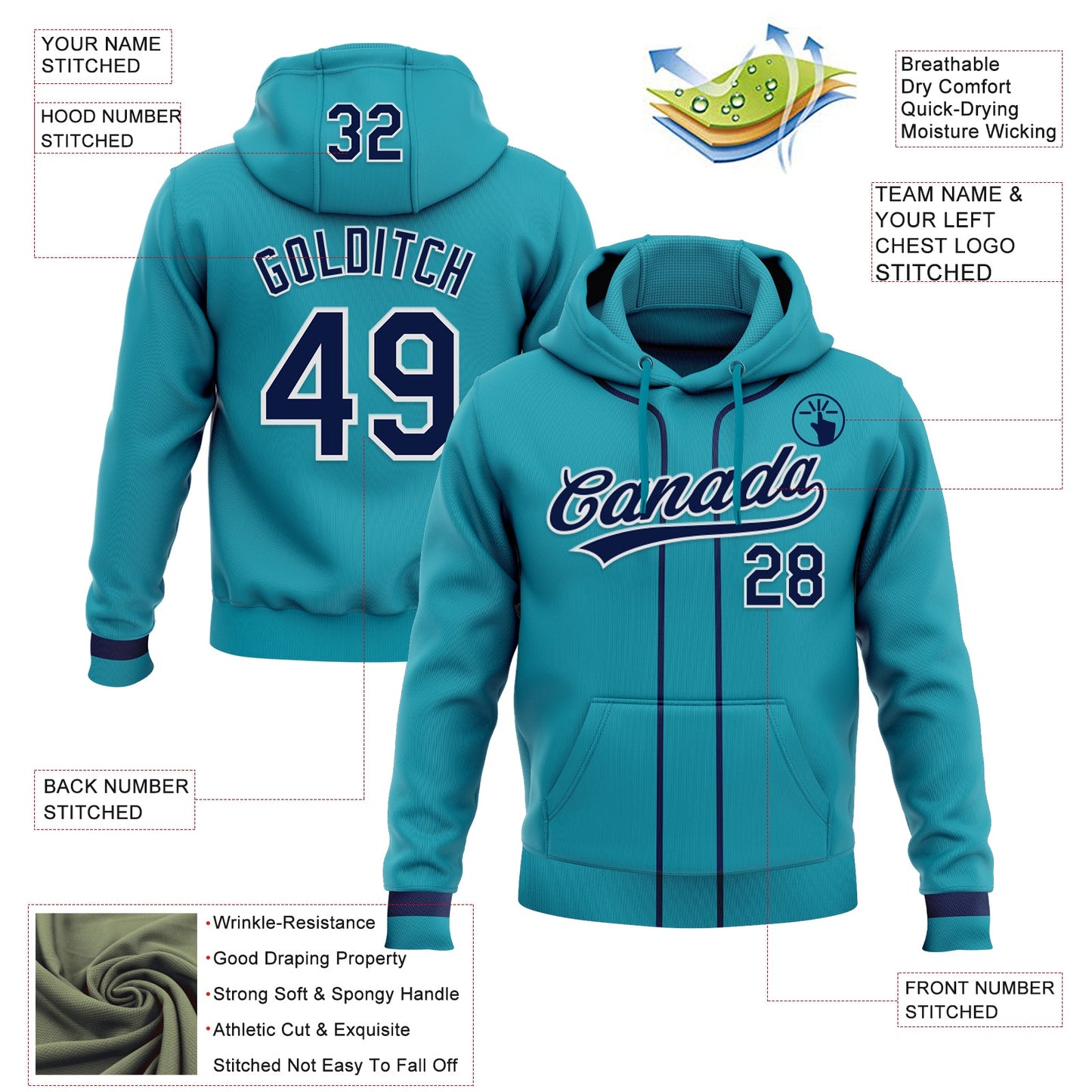 Custom Stitched Teal Navy-White Baseball Pullover Sweatshirt Hoodie view 2