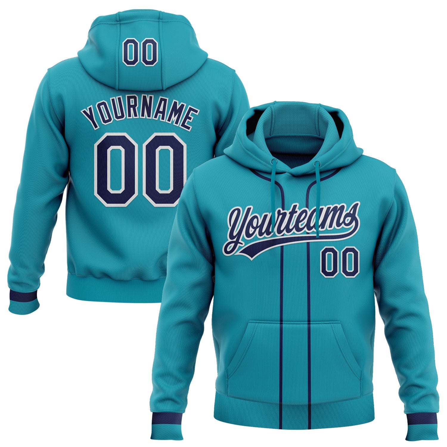 Custom Stitched Teal Navy-White Baseball Pullover Sweatshirt Hoodie - Main View