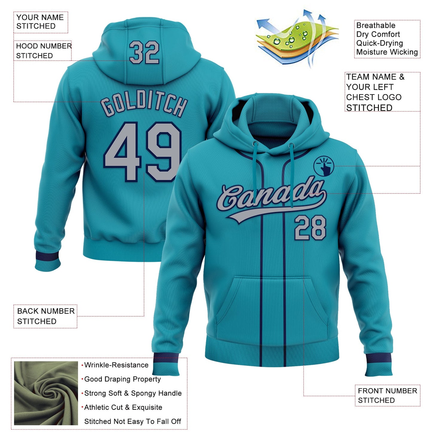 Custom Stitched Teal Gray-Navy Baseball Pullover Sweatshirt Hoodie view 2