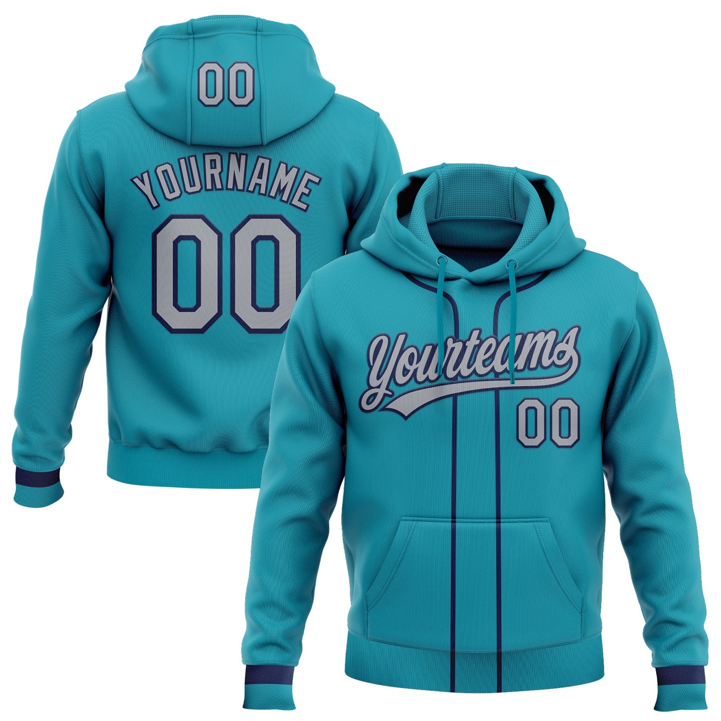Custom Stitched Teal Gray-Navy Baseball Pullover Sweatshirt Hoodie - Main View