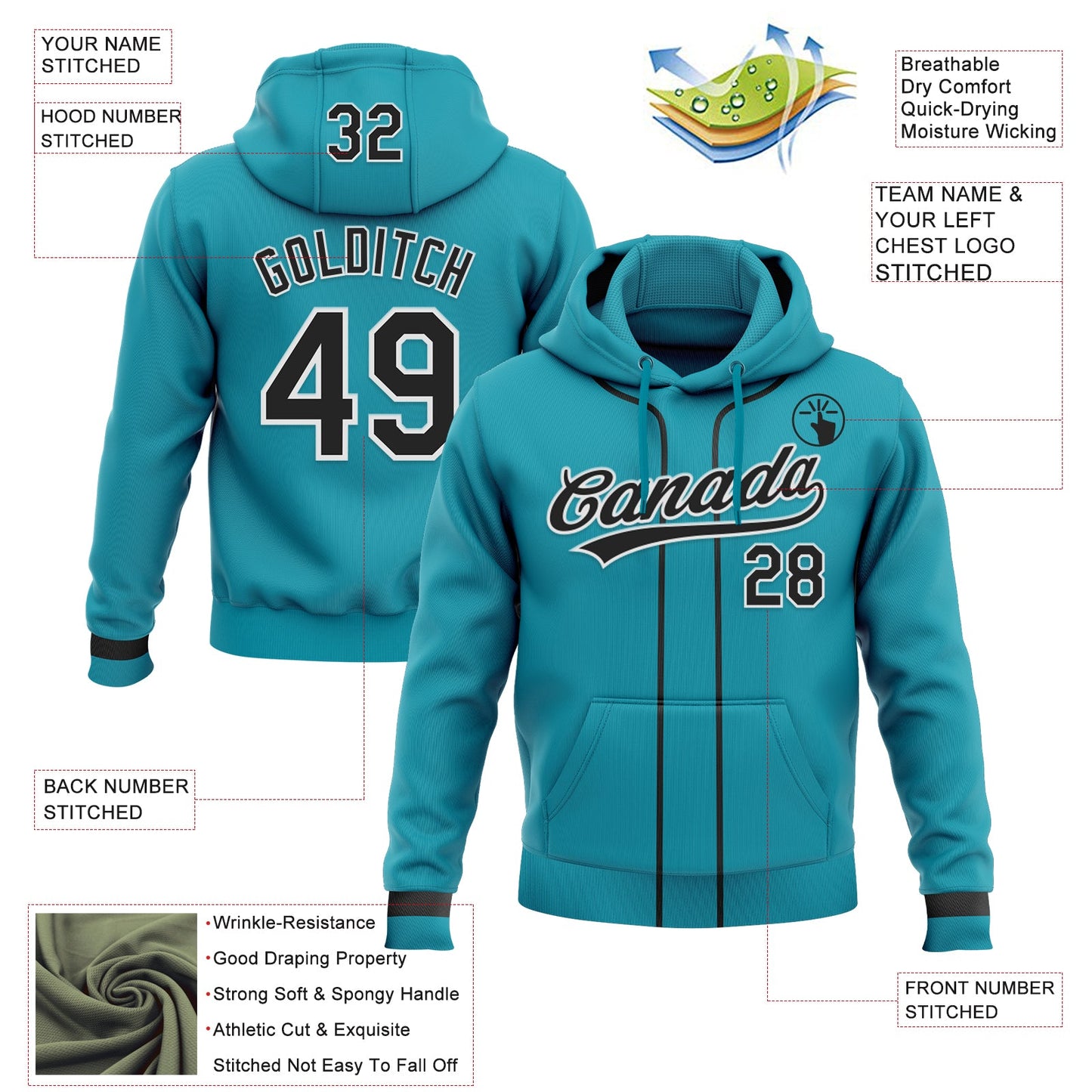 Custom Stitched Teal Black-White Baseball Pullover Sweatshirt Hoodie view 2
