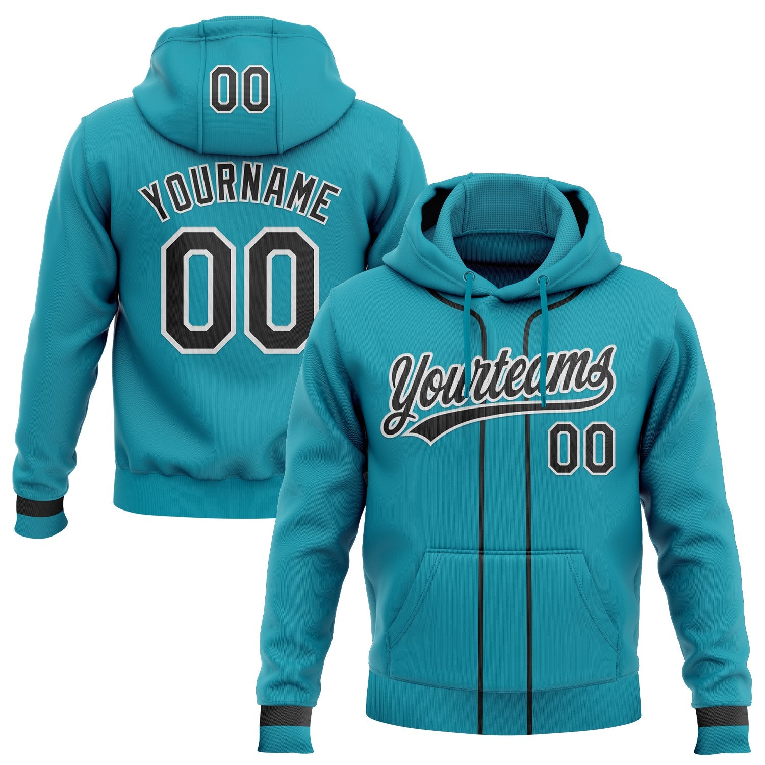 Custom Stitched Teal Black-White Baseball Pullover Sweatshirt Hoodie - Main View