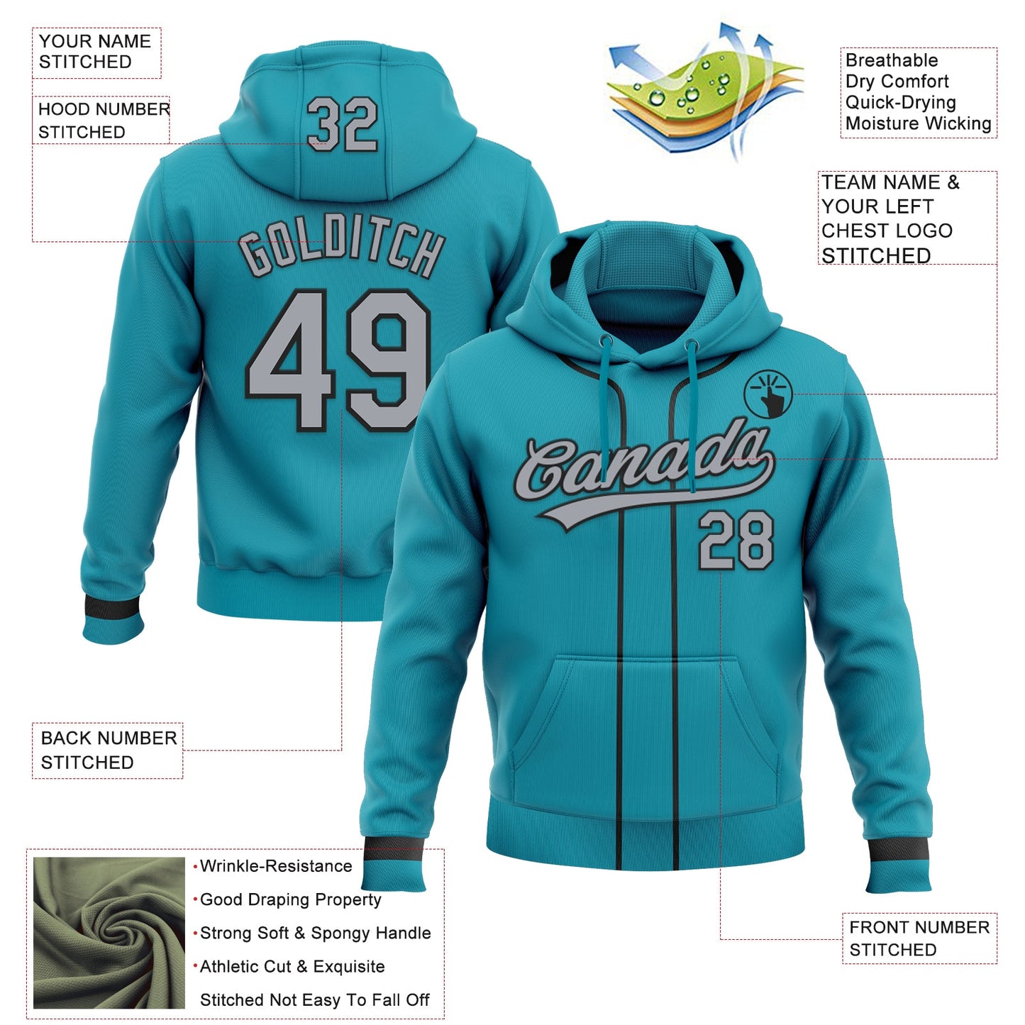 Custom Stitched Teal Gray-Black Baseball Pullover Sweatshirt Hoodie view 2