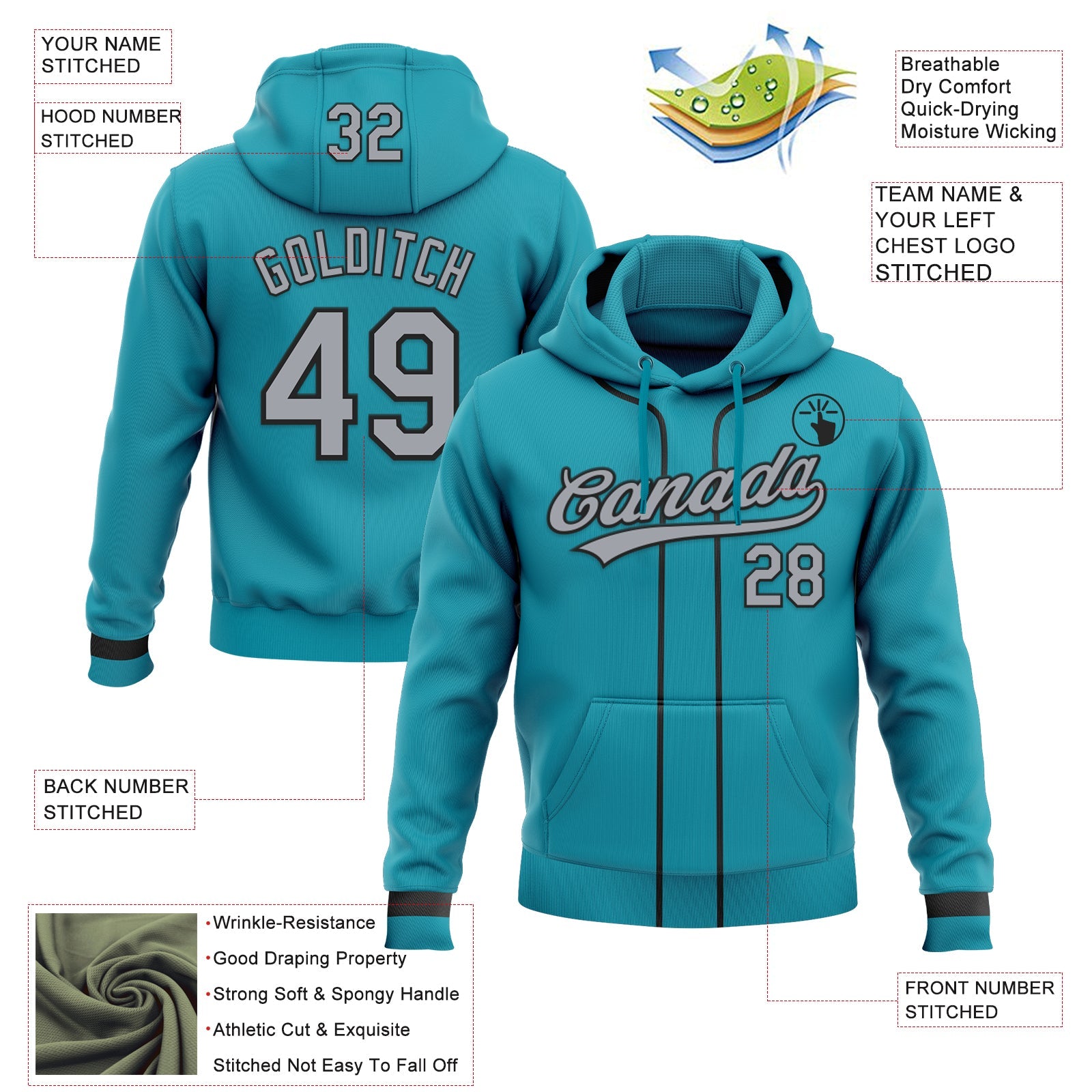 Custom Stitched Teal Gray-Black Baseball Pullover Sweatshirt Hoodie view 2