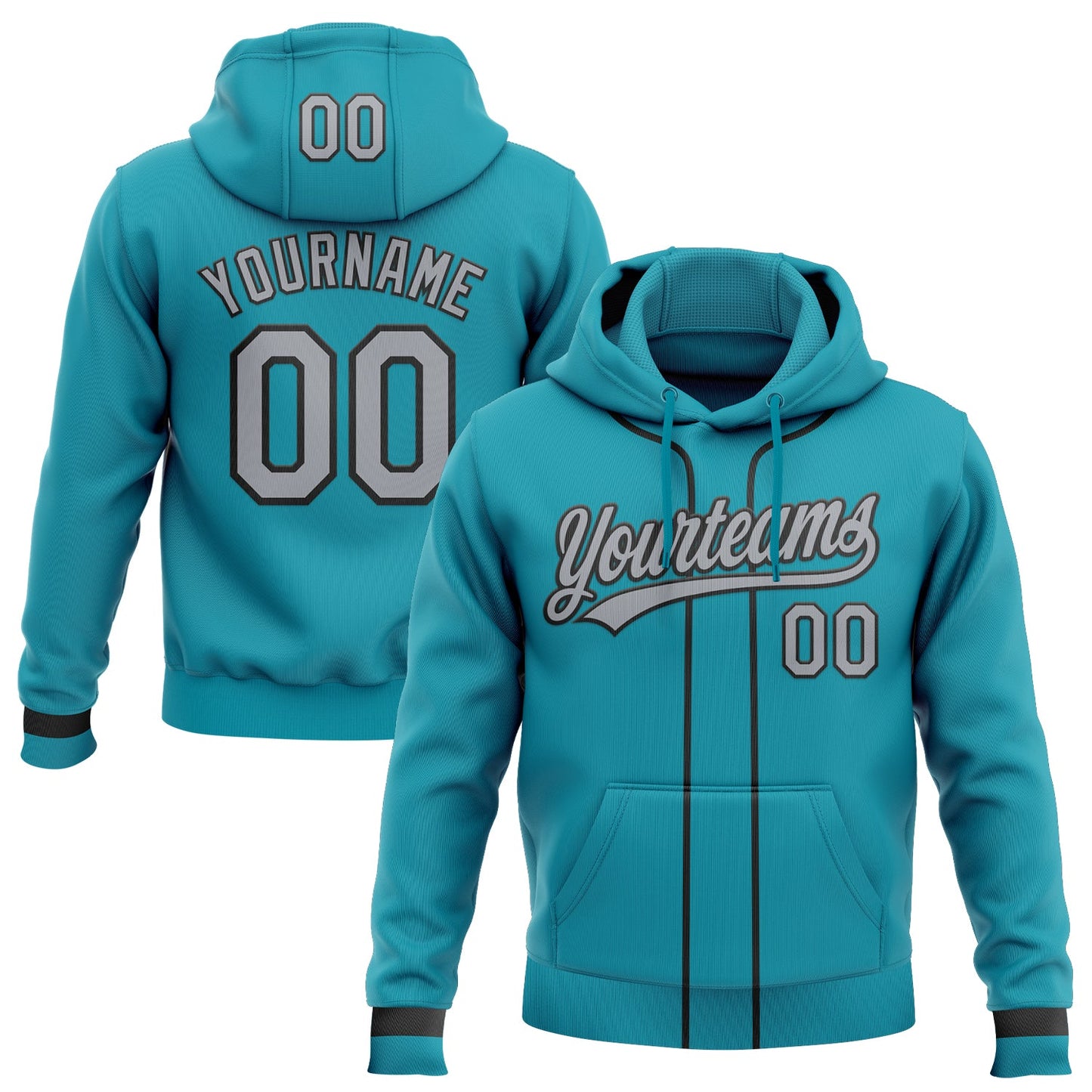 Custom Stitched Teal Gray-Black Baseball Pullover Sweatshirt Hoodie - Main View