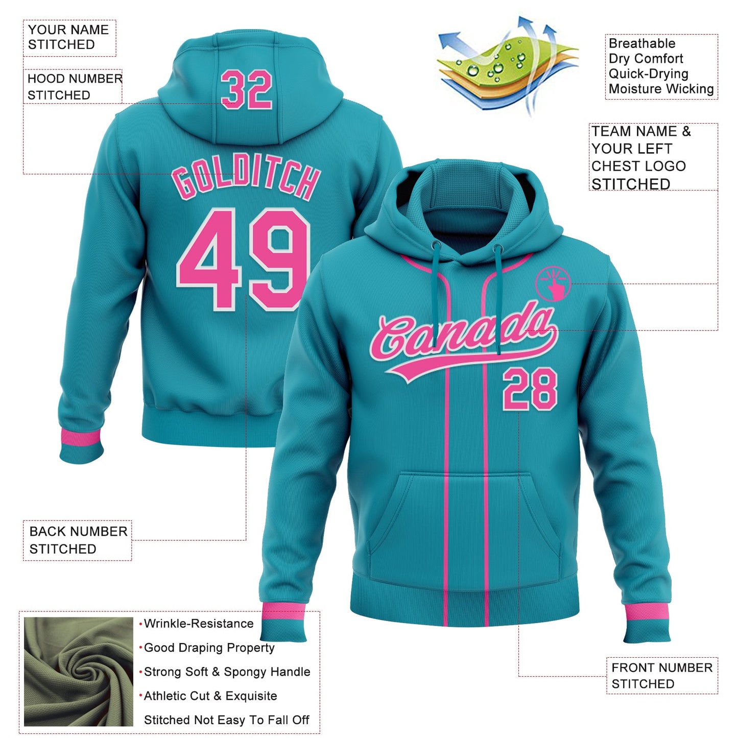Custom Stitched Teal Pink-White Baseball Pullover Sweatshirt Hoodie view 2