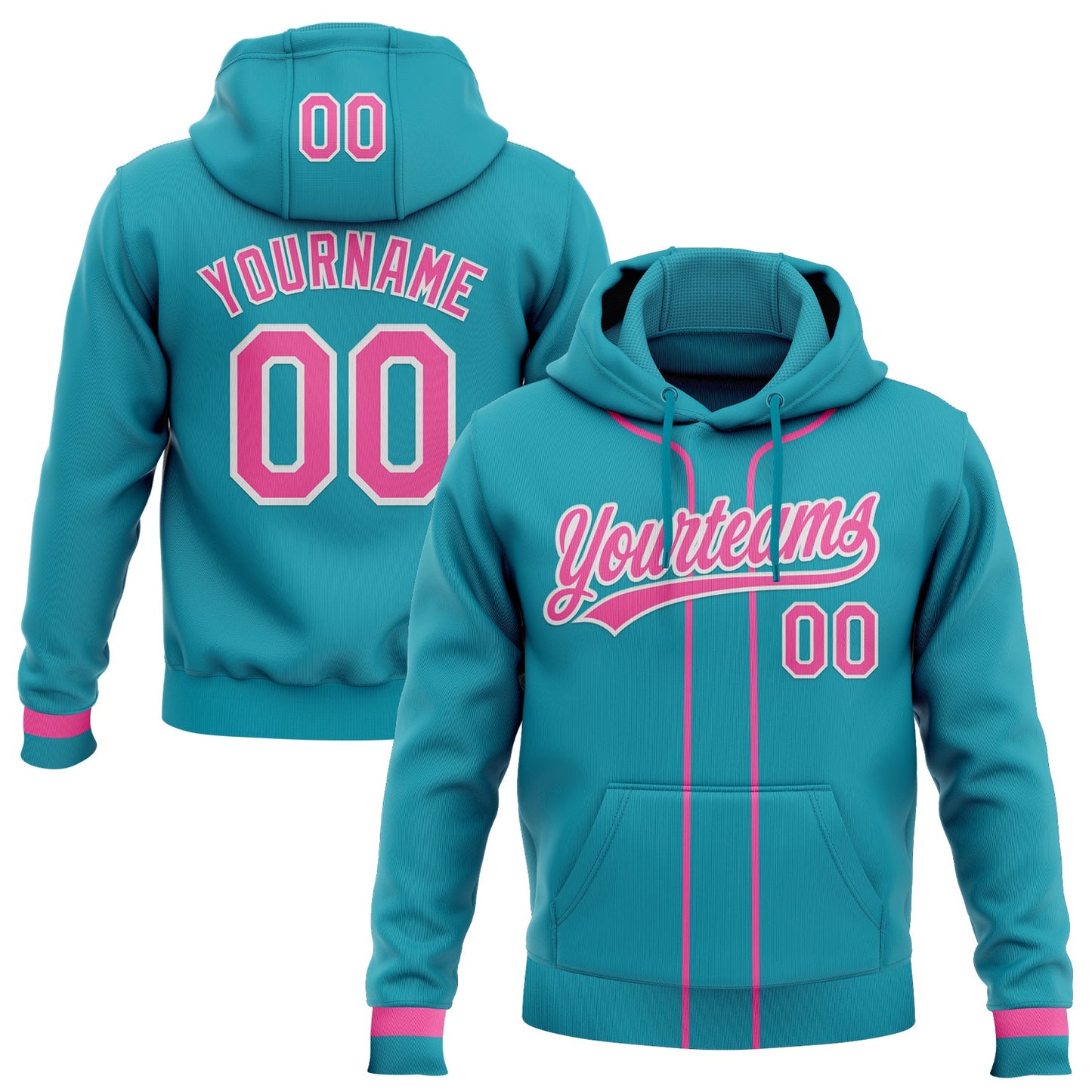 Custom Stitched Teal Pink-White Baseball Pullover Sweatshirt Hoodie - Main View