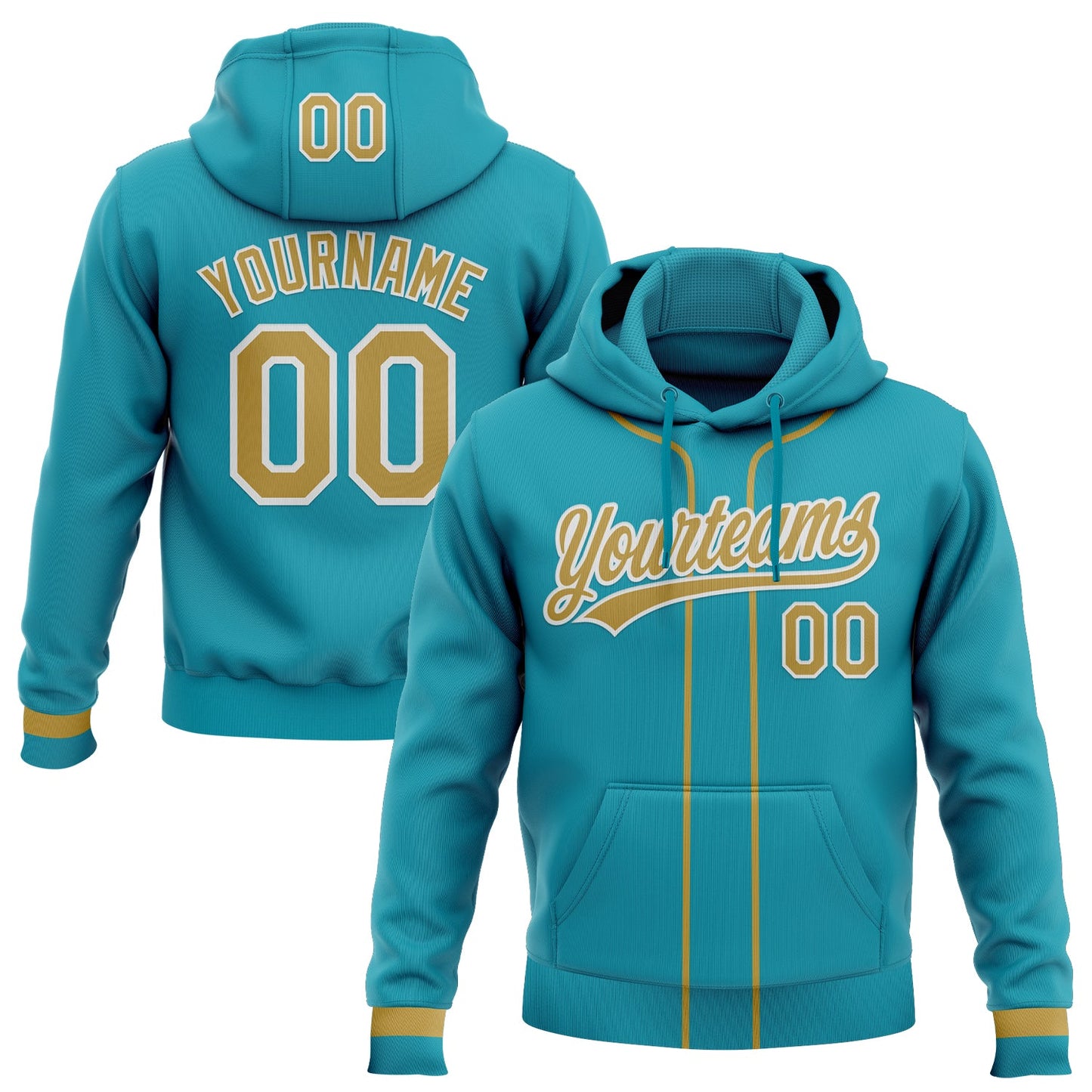 Custom Stitched Teal Old Gold-White Baseball Pullover Sweatshirt Hoodie - Main View