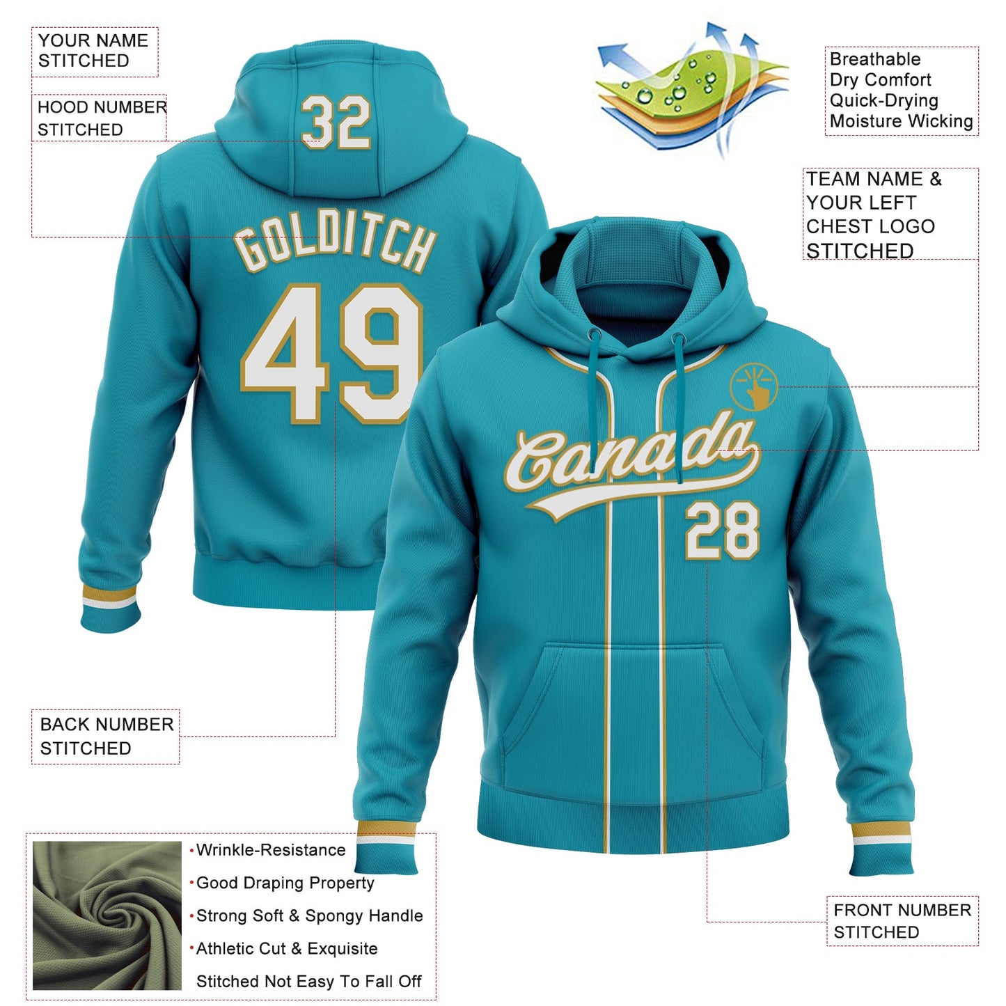 Custom Stitched Teal White-Old Gold Baseball Pullover Sweatshirt Hoodie view 2