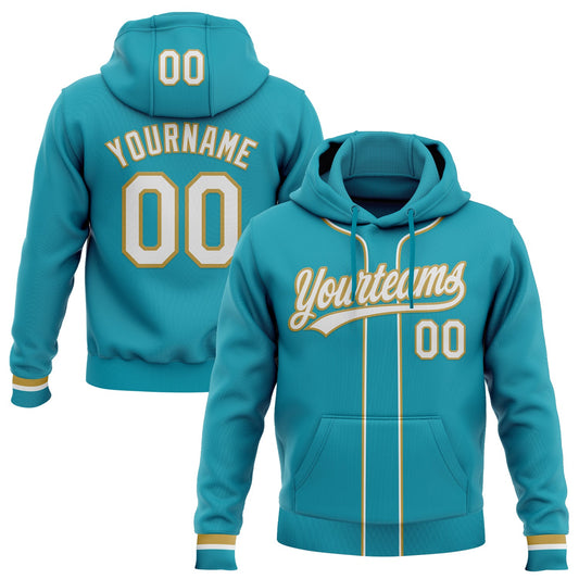 Custom Stitched Teal White-Old Gold Baseball Pullover Sweatshirt Hoodie - Main View