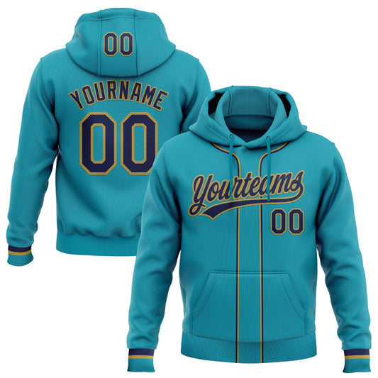 Custom Stitched Teal Navy-Old Gold Baseball Pullover Sweatshirt Hoodie - Main View