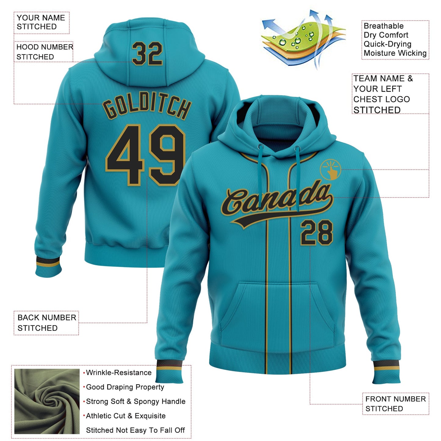 Custom Stitched Teal Black-Old Gold Baseball Pullover Sweatshirt Hoodie view 2