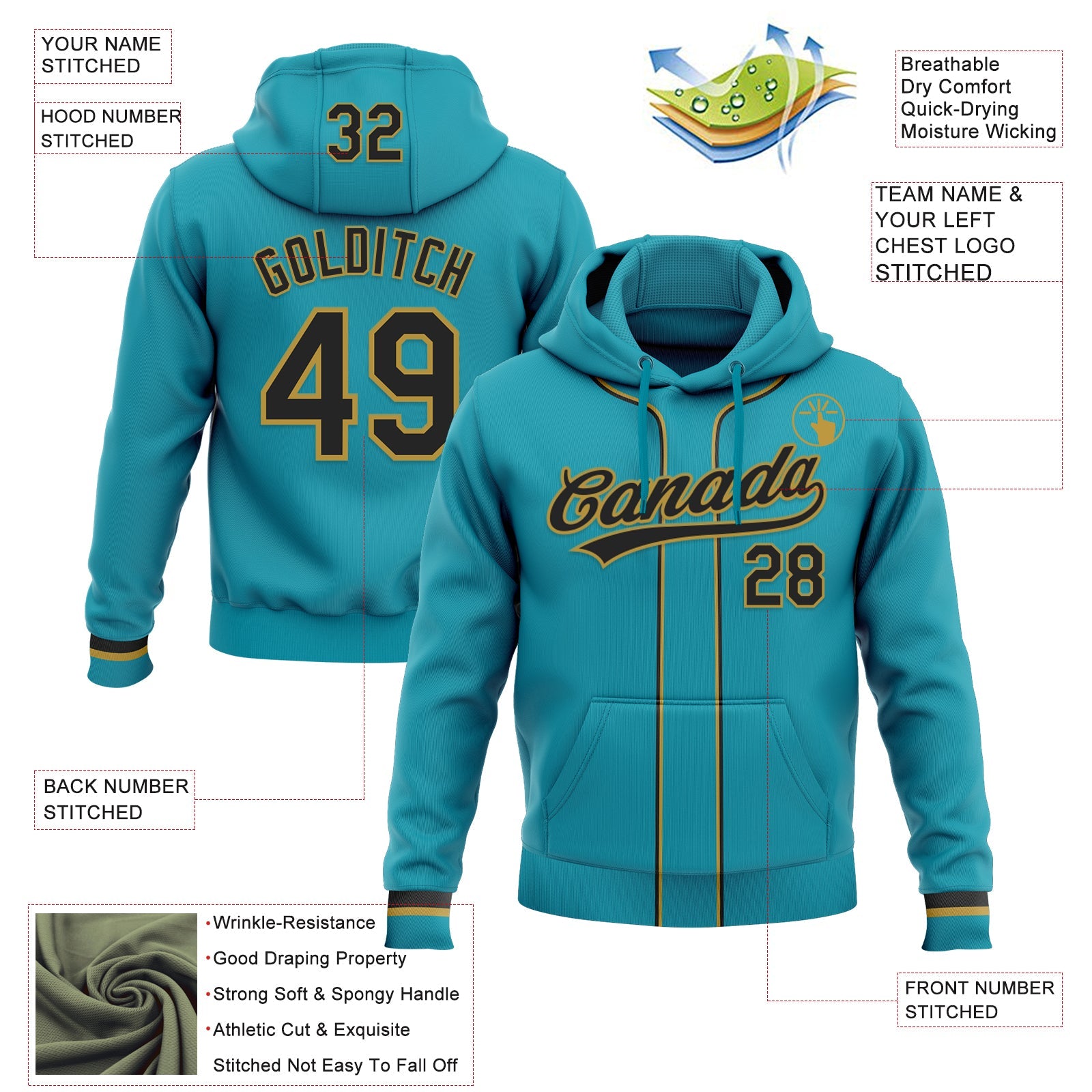 Custom Stitched Teal Black-Old Gold Baseball Pullover Sweatshirt Hoodie view 2