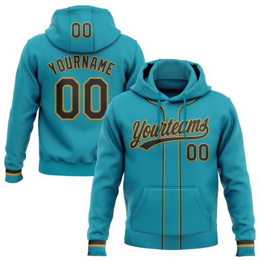 Custom Stitched Teal Black-Old Gold Baseball Pullover Sweatshirt Hoodie - Main View