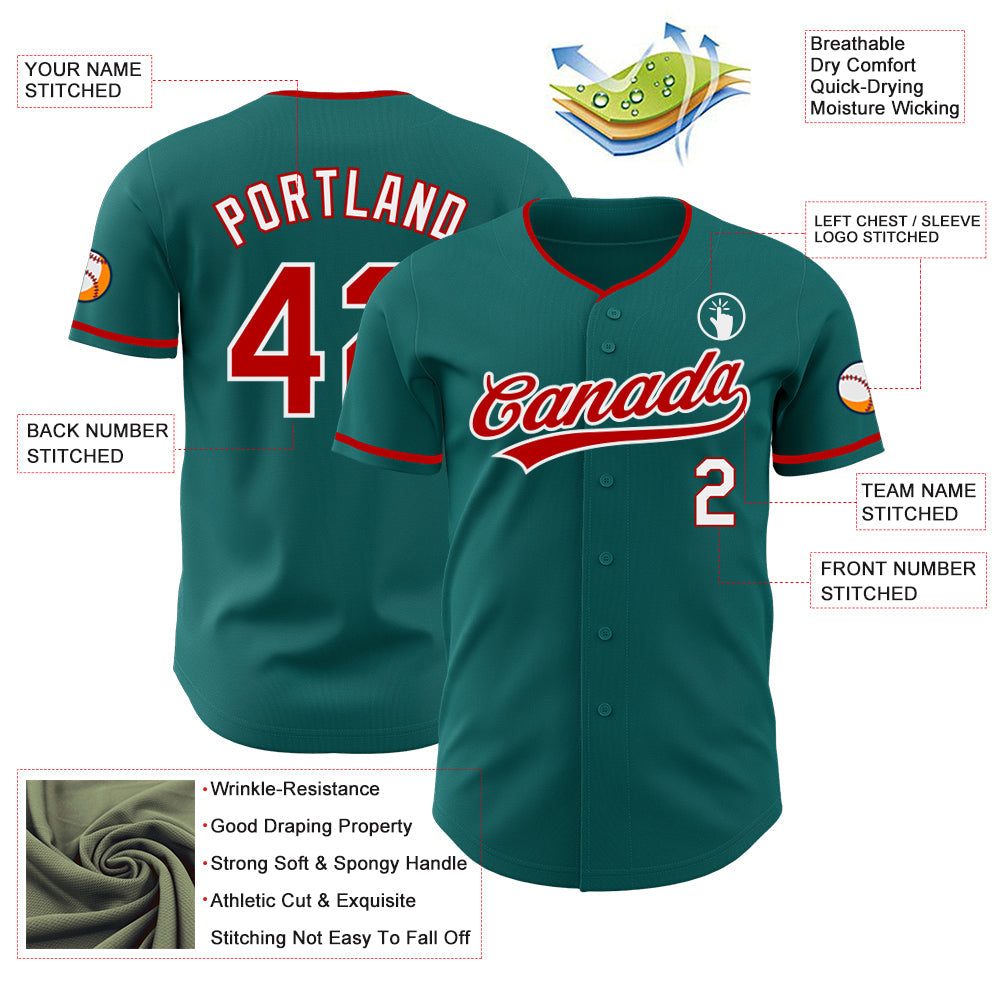 Custom Teal Red-White Authentic Baseball Jersey view 3