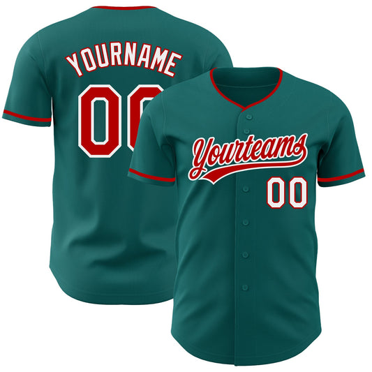 Custom Teal Red-White Authentic Baseball Jersey - Main View