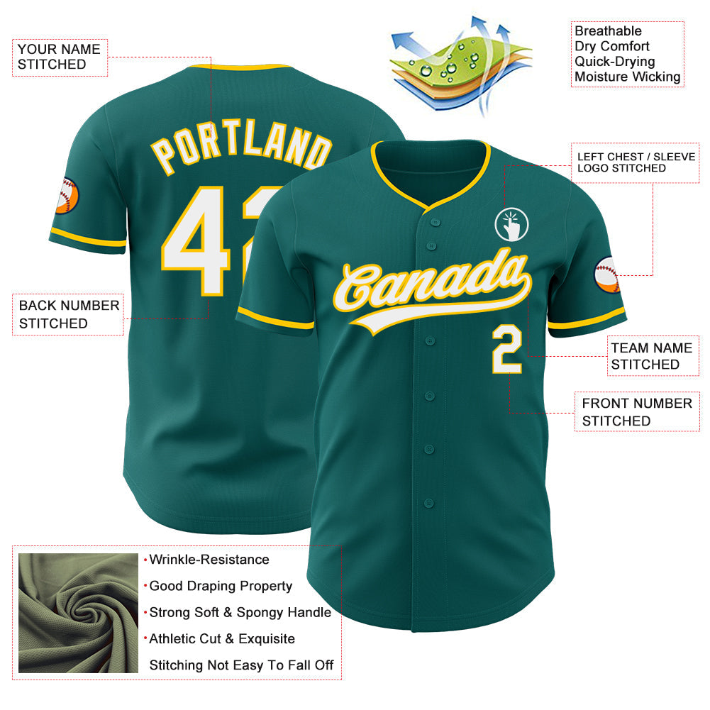 Custom Teal White-Yellow Authentic Baseball Jersey view 3