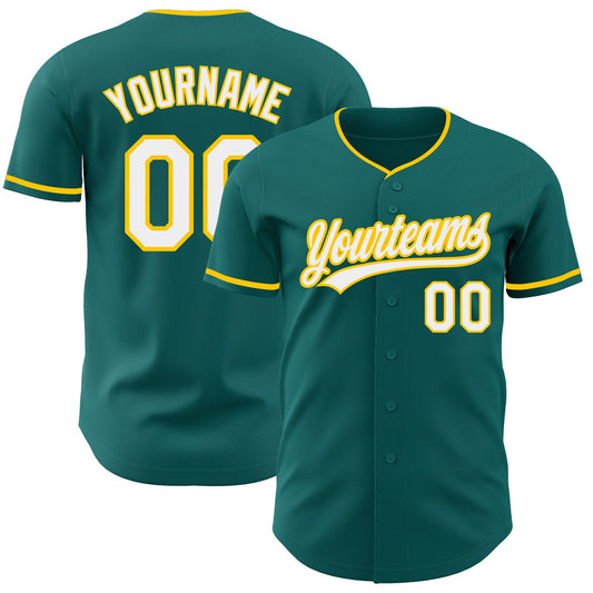 Custom Teal White-Yellow Authentic Baseball Jersey - Main View