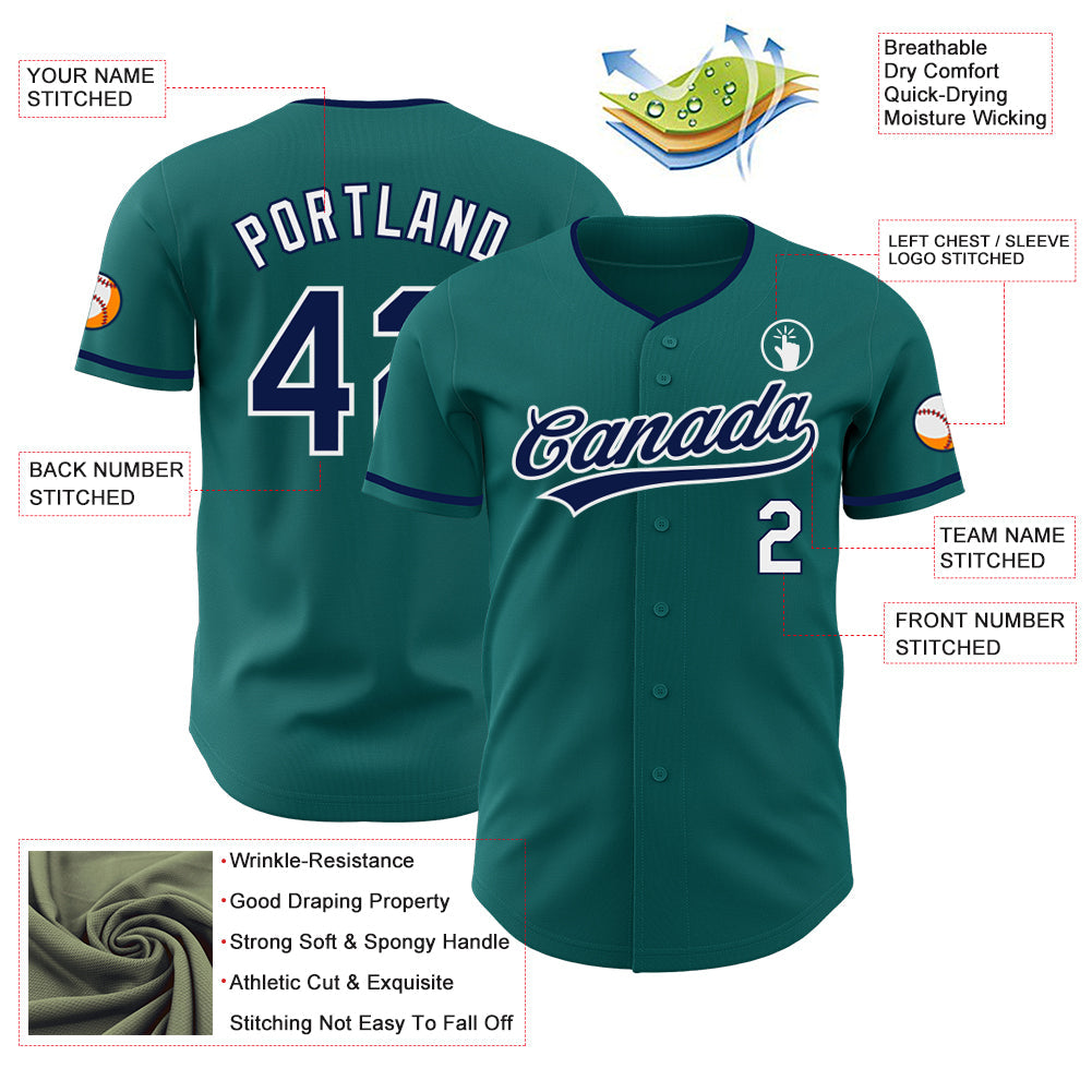 Custom Teal Navy-White Authentic Baseball Jersey view 3