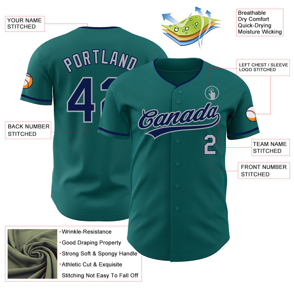 Custom Teal Navy-Gray Authentic Baseball Jersey view 3