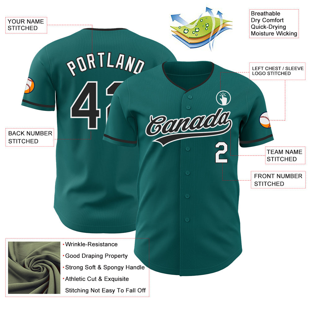Custom Teal Black-White Authentic Baseball Jersey view 3