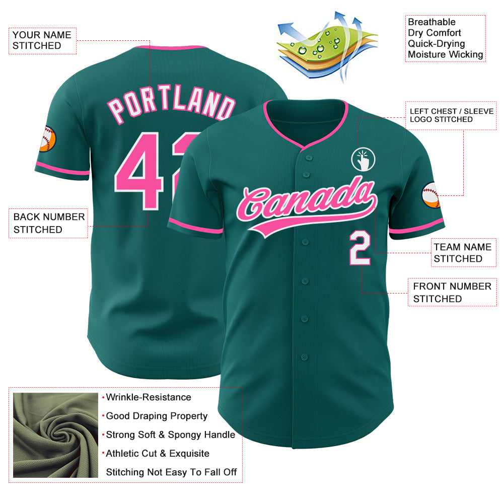 Custom Teal Pink-White Authentic Baseball Jersey view 3