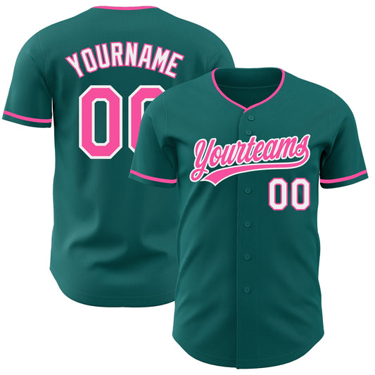 Custom Teal Pink-White Authentic Baseball Jersey - Main View