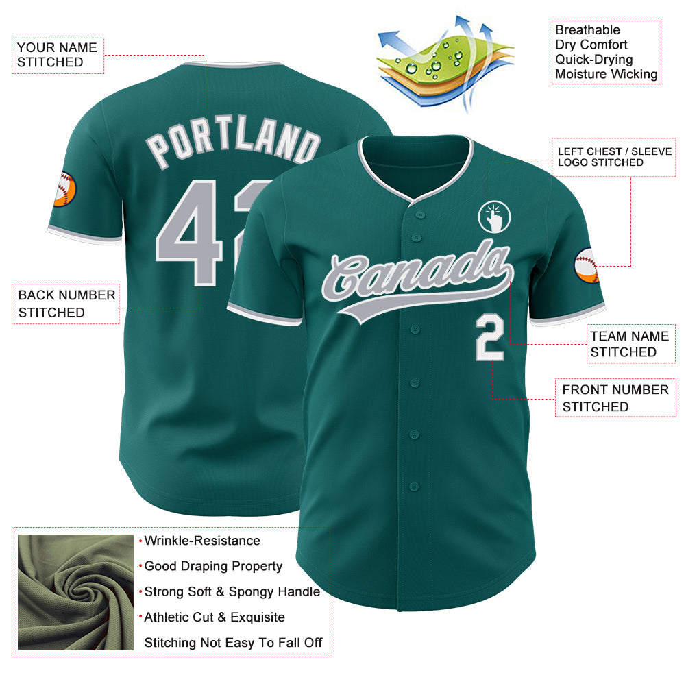 Custom Teal Gray-White Authentic Baseball Jersey view 3
