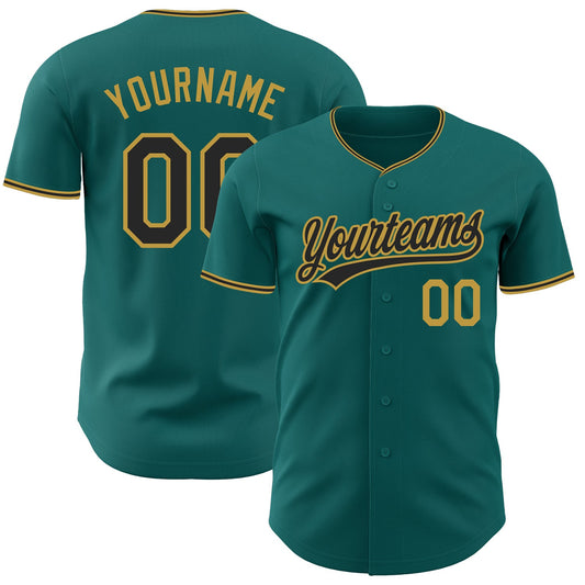Custom Teal Black-Old Gold Authentic Baseball Jersey - Main View
