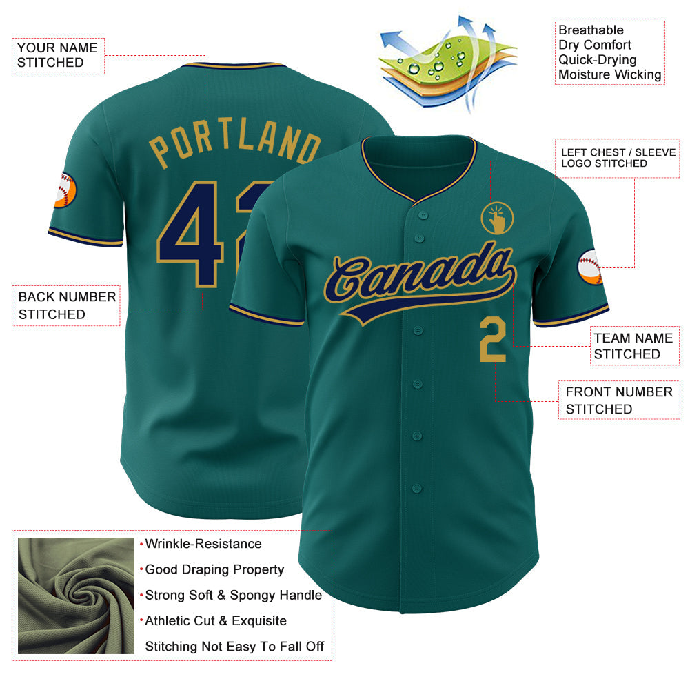 Custom Teal Navy-Old Gold Authentic Baseball Jersey view 3