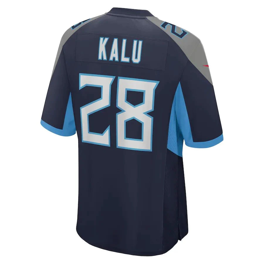 T.Titans #28 Joshua Kalu Navy Game Player Jersey Stitched American Football Jerseys - Main View
