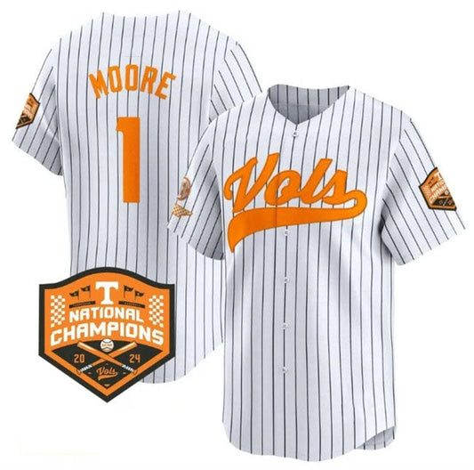 T.Volunteers #1 Christian Moore White Pinstripe 2024 Champions Vapor Limited Stitched American College Jerseys - Main View