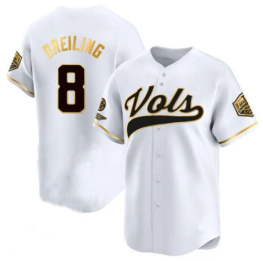 T.Volunteers #8 Dylan Dreiling White Gold 2024 Champions Vapor Limited Baseball Stitched American College Jerseys - Main View