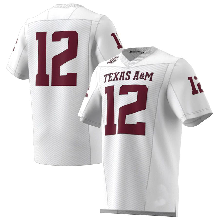 #12 T.A&M Aggies Premier Strategy Jersey White Stitched American College Jerseys - Main View