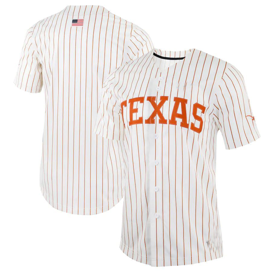 T.Longhorns Pinstripe Replica Full-Button Baseball Jersey White Stitched American College Jerseys - Main View