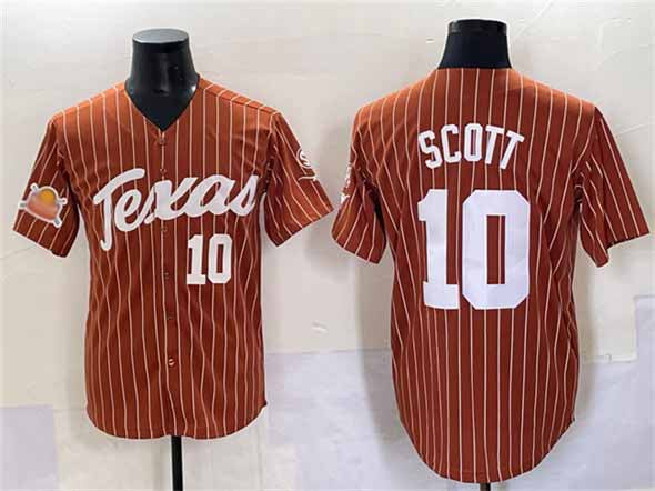 T.Longhorns #10 Mia Scott Orange Pinstripe 2025 Softball National Champions Stitched American College Jerseys - Main View