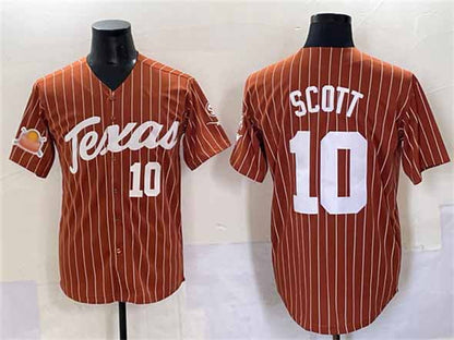 T.Longhorns #10 Mia Scott Orange Pinstripe 2025 Softball National Champions Stitched American College Jerseys - Main View