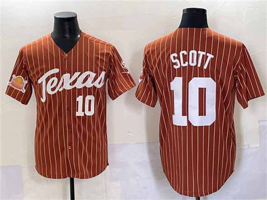 T.Longhorns #10 Mia Scott Orange Pinstripe 2025 Softball National Champions Stitched American College Jerseys - Main View