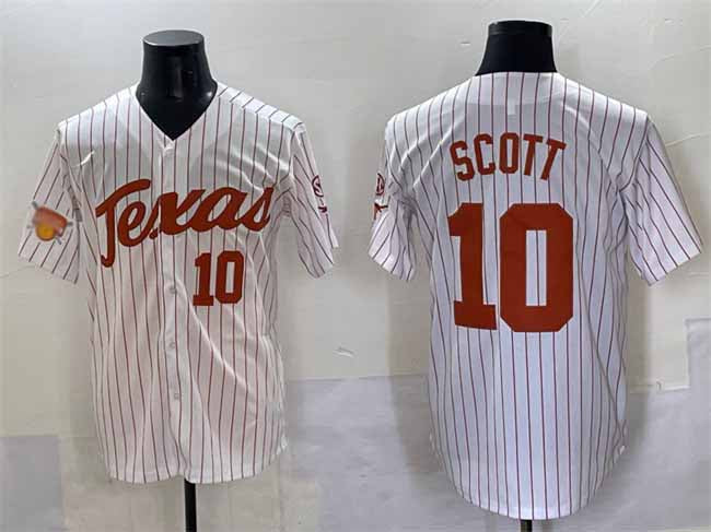 T.Longhorns #10 Mia Scott White Pinstripe 2025 Softball National Champions Stitched American College Jerseys - Main View