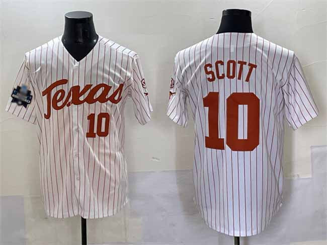 T.Longhorns #10 Mia Scott White Pinstripe 2025 World Series Stitched American College Jerseys - Main View