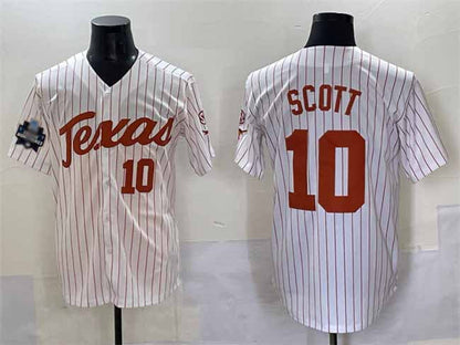 T.Longhorns #10 Mia Scott White Pinstripe 2025 World Series Stitched American College Jerseys - Main View