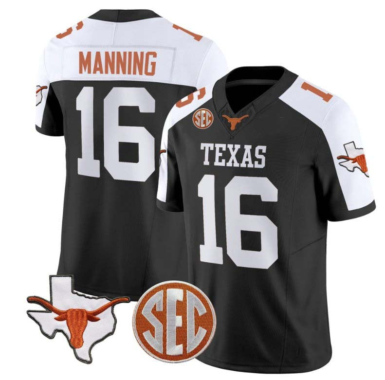 T.Longhorns #16 Arch Manning State Map and Sec Patch Vapor Football Black Alternate Stitched American College Jerseys - Main View