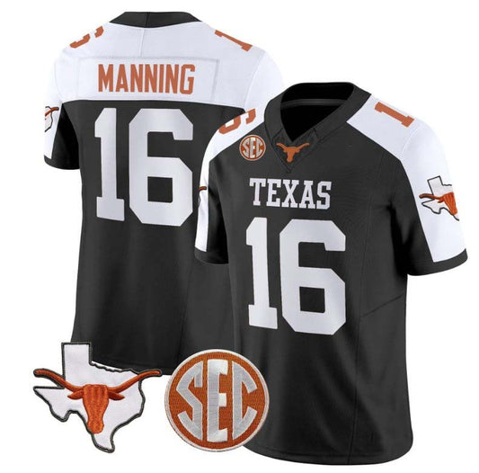 T.Longhorns #16 Arch Manning State Map and Sec Patch Vapor Football Black Alternate Stitched American College Jerseys - Main View